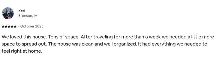Five-star guest review from Keri, October 2025. Expand the review heading above for the full text.